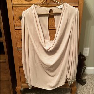 River Island Silk Draped Collar Blouse with Pearl Sleeve Detail Pale Pink - S 12